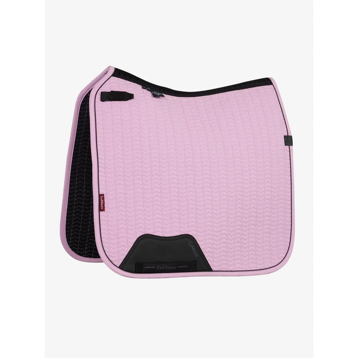 LeMieux Essence Dressage Saddle Pad Fondant in soft pink with black trim, chevron quilting, self-cool fabric